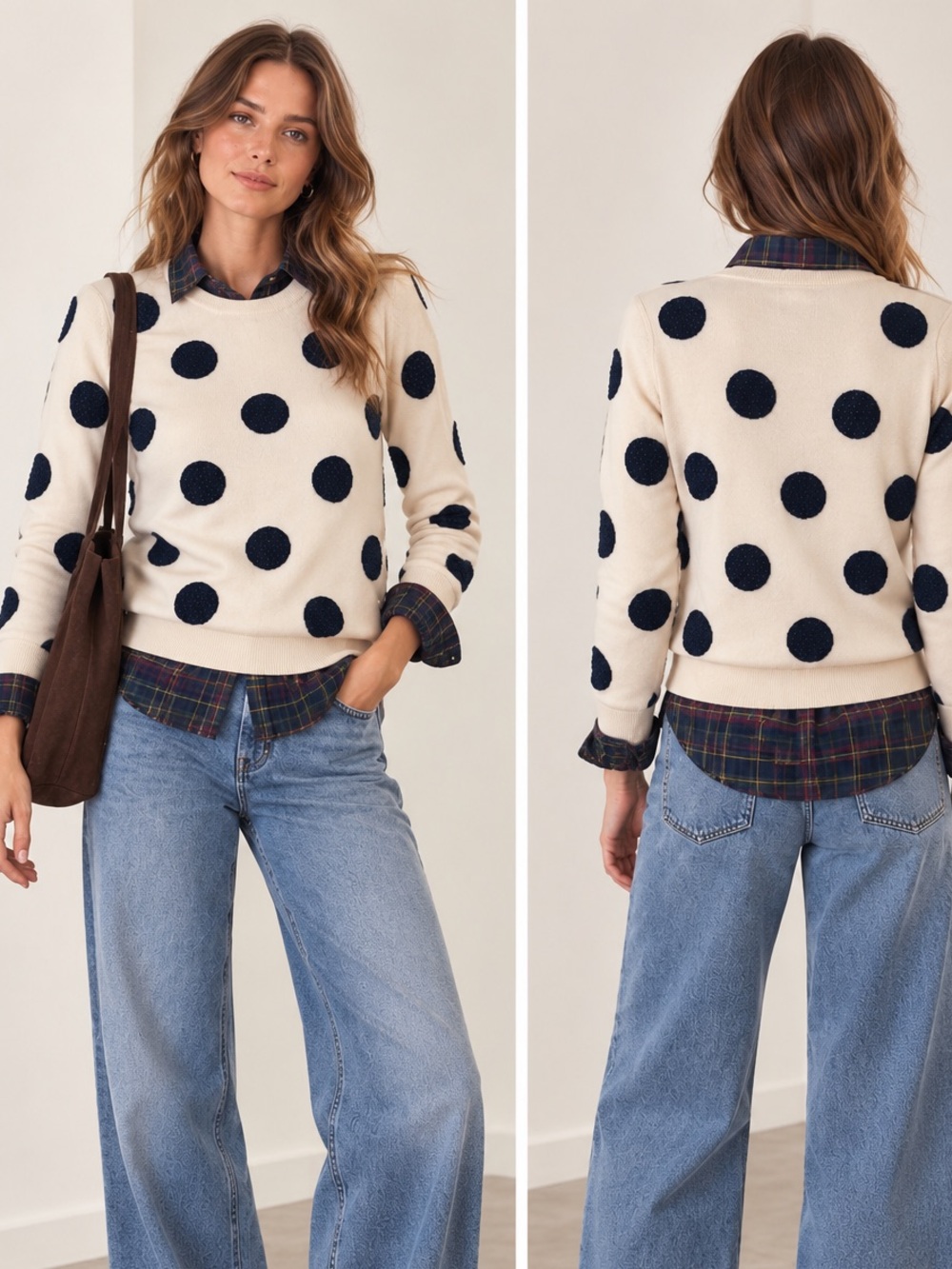 Alice + Olivia Polka Dot Wool Sweater Navy Cream Rhinestone Fall Layering Print